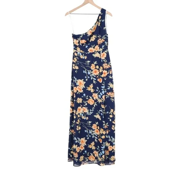 Lulus Elegant Admiration One Shoulder Maxi Dress Womens Medium Navy Blue Floral - Picture 2 of 9